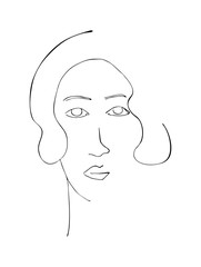 Illustration with woman portrait. Black and white minimalist graphic silhouette.  Art of women face and hairstyle.