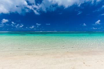 Fototapeta na wymiar Tropical beach on south side of Samoa Island with coconut palm trees