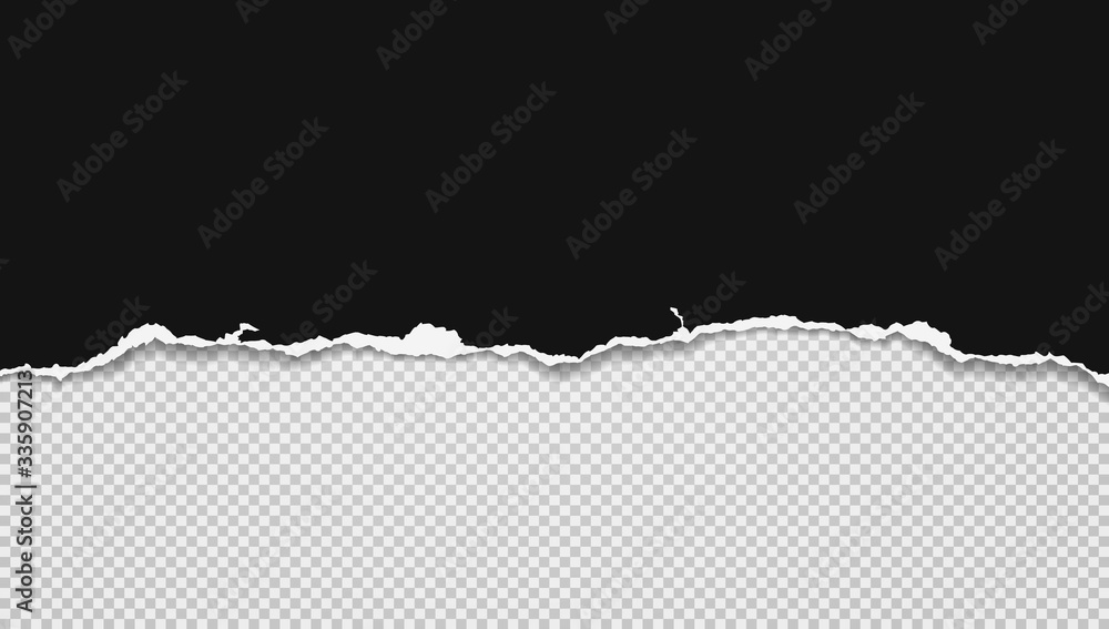 Poster piece of torn black horizontal paper with soft shadow stuck on white squared background. vector illu
