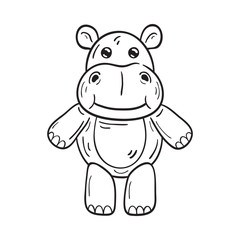 Black and white illustration of a funny cartoon hippopotamus. On white background