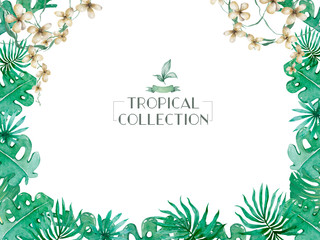 Hand drawn watercolor tropical banner with jungle leaves. Exotic leaves illustrations horizontal frame, jungle tree, brazil trendy. Perfect for design.