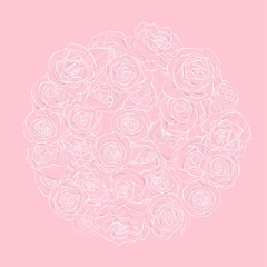 Rose flowers are arranged in a circle. White outline on a pink background.