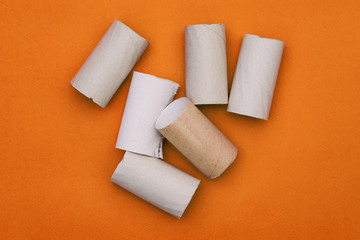 Remains of toilet paper on a colored background. Round cardboard tubes. Rubbish waste for processing.