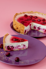 Slice of plain cheesecake with cranberry sauce on white plate decorated with mint leaf. Closeup view