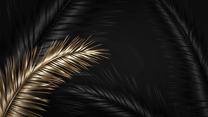 Dark illustration with black and gold palm branches and leaves