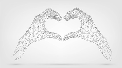 Two wireframe hands folded heart from fingers, gesture of friendship and love