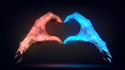 Red and blue low poly glowing hands folded heart from fingers, gesture of friendship and love