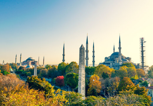 Cinematic view of Blue Mosque , walled Obelisk and hagia sophia museum. Histoical monuments and travel postcard-Istanbul.Turkey. 2020