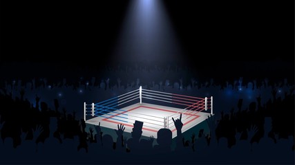 Empty boxing ring in a dark room and crowd, platform for fighting competitions top view