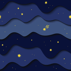 Seamless vector paper cut pattern with blue night sky and golden stars. Starry sky. Astrology. Space background.