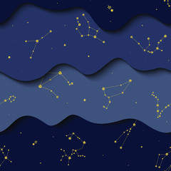 Seamless vector paper cut pattern with blue night sky and gold zodiac constellations. Starry sky. Astrology. Space background.