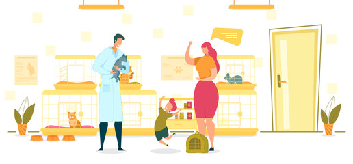 Shelter for Cats, Happy Boy Taking Pet from Cage.