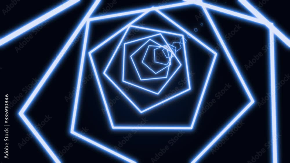 Poster bright white neon lines on black background are forming motion pentagon tunnel. abstract backdrop 3d