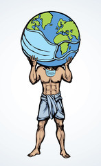 Atlas keeps the earth on their shoulders. Vector drawing icon