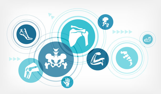 orthopedics vector illustration. Concept with connected icons related to orthopedic surgery, arthritis, skeletal and bone medical treatment or physical therapy.