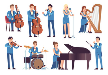 Classic musicians. Singers performing, symphony concert with orchestra instruments cello, piano and clarinet vector characters © YummyBuum