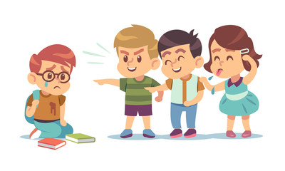 Kids bullying. Humiliation, mocking classmates. Discrimination, abuse and negative school communication social conflict flat vector concept