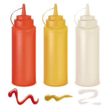 Sauce Set. White, Red And Yellow Bottles. Mayonnaise, Mustard And Ketchup Splashes, Plastic Packaging For Branding. Realistic Vector Mockup