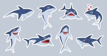 Ocean shark mascot. Happy sharks, scary jaws and underwater swimming cute character, emotions fish for stickers, patches vector set