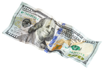 Crumpled 100 dollars, isolated on white background, clipping path, full depth of field