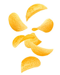 Falling potato chips isolated on white background, clipping path, full depth of field