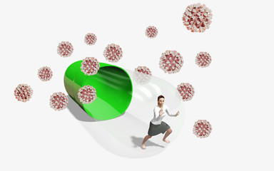Fototapeta premium The girl in the green tablet is trying to escape from the virus. 3D illustration. 
