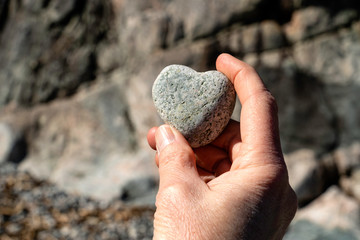 Hand holding a rock shaped like a heart