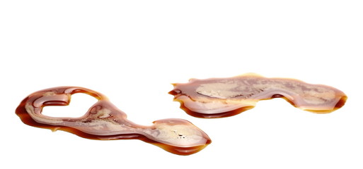 Spilled espresso coffee with foam, stains isolated on white background and texture