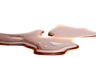 Spilled espresso coffee with foam, stains isolated on white background and texture