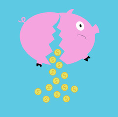 Broken piggy bank with falling coins