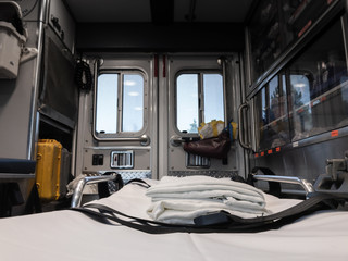 Interior of Ambulance from Patient Perspective with Focus on Foreground - obrazy, fototapety, plakaty
