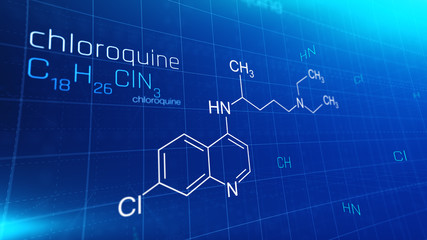 Chloroquini phosphas, chloroquine medicine substance. Drug introduced as treatment for coronavirus (SARS-CoV-2). Active in COVID-19 supportive therapy. Chemical formula on modern tech background