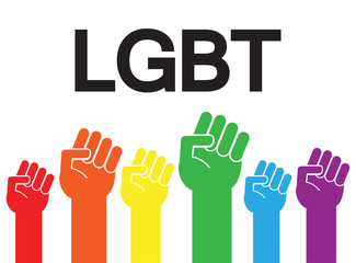Vector flat lgbt rainbow flag colored fists with pride month lettering text isolated on white background