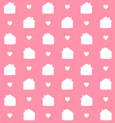 Vector seamless pattern of white hand drawn doodle sketch house silhouette and hearts isolated on pastel pink background