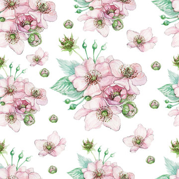 flowers on a branch garden berries blackberries leaves flora bouquet botany spring watercolor hand-drawn pattern seamless © Paint_art