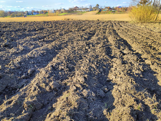 Furrows row pattern in a plowed field prepared for planting crops in spring. planting process,...
