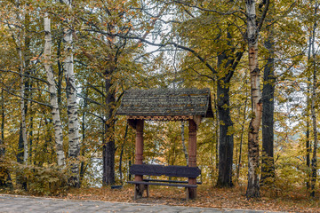 Naklejka premium A picnic and relax area in the birch grove in the Park