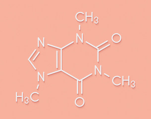 Fototapeta premium Caffeine stimulant molecule. Present in coffee, tea and many soft and energy drinks. Skeletal formula.