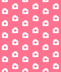 Vector seamless pattern of white hand drawn doodle sketch house with heart icon isolated on pink background