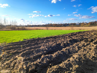 Plowed agricultural field ready for seed sowing, planting process. Newly ploughed field with...