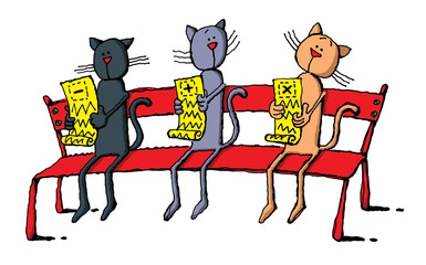 cats sitting bench reading test drawing