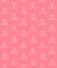 Vector seamless pattern of white hand drawn doodle sketch moth isolated on pink background