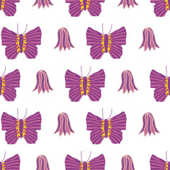 Vector butterfly and flower pattern, lila butterfly and harebell blossom. Repeating pattern,