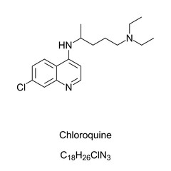 Chloroquine skeletal formula and molecular structure. Medication primarily used to prevent and treat malaria. It is also being studied to treat coronavirus disease 2019. English. Illustration. Vector.