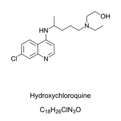 Hydroxychloroquine, formula and structure. HCQ is a medication primarily used to prevent and treat malaria. It is also being studied to treat coronavirus disease 2019. English. Illustration. Vector.