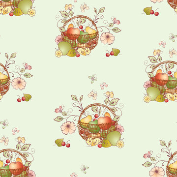 Seamless pattern from basket with ripe fruits,flowers and butterflies