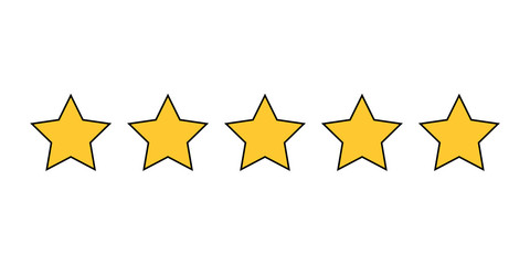 Five golden star product quality rating. Flat stars icon for apps and websites. Vector illustration.