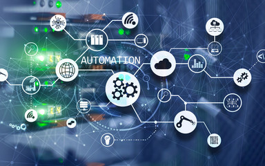 Business process automation concept on blurred network cabinets. New project 2020.