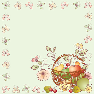 Vector background with frame from butterflies and basket with ripe fruits and flowers