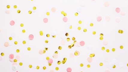 pink and gold round confetti on a pink pastel background. Template for advertising, blog, discounts...